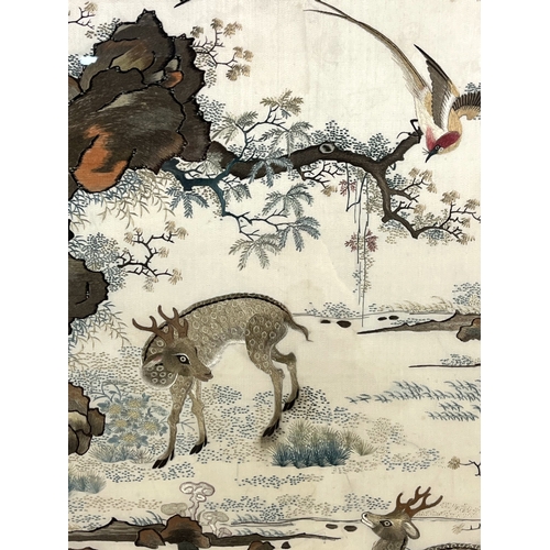 114 - Japanese school, pair of needlework on silk panels. Meiji period. Each finely detailed and elaborate... 