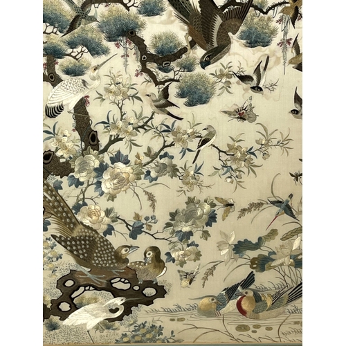 114 - Japanese school, pair of needlework on silk panels. Meiji period. Each finely detailed and elaborate... 