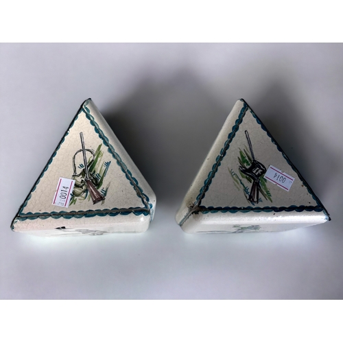 414 - A Pair of 19th Century Delft Painted Bookends.
Painted with 'Shoot' beaters signals. Triangular form... 