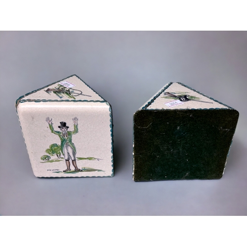 414 - A Pair of 19th Century Delft Painted Bookends.
Painted with 'Shoot' beaters signals. Triangular form... 