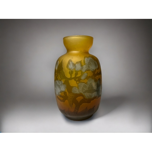 385 - Art nouveau Galle type cameo glass vase.
Yellow frosted ground, with pale blue flowers. 
Signed to b... 