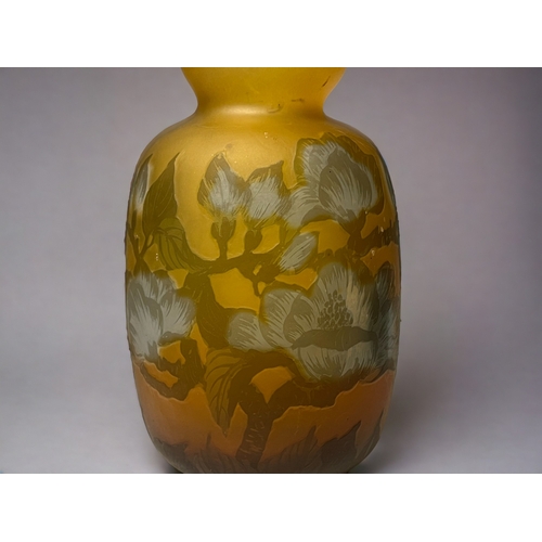 385 - Art nouveau Galle type cameo glass vase.
Yellow frosted ground, with pale blue flowers. 
Signed to b... 