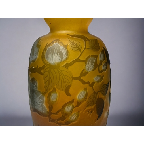 385 - Art nouveau Galle type cameo glass vase.
Yellow frosted ground, with pale blue flowers. 
Signed to b... 