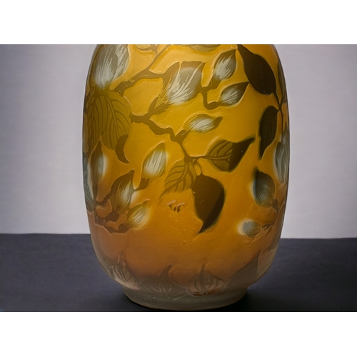 385 - Art nouveau Galle type cameo glass vase.
Yellow frosted ground, with pale blue flowers. 
Signed to b... 