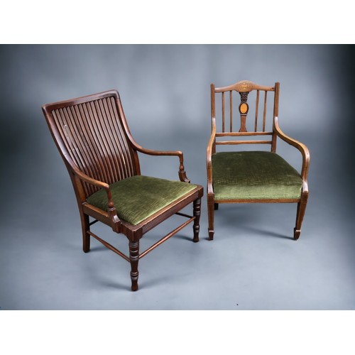 254 - Two late 19th/Early 20th Century Low Chairs.
One with inlay and upholstered, the other with curved v... 