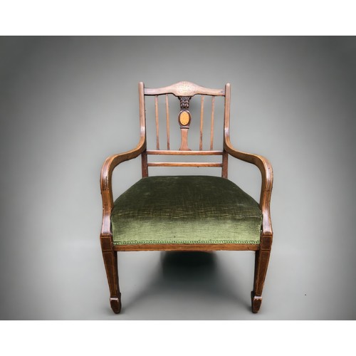 254 - Two late 19th/Early 20th Century Low Chairs.
One with inlay and upholstered, the other with curved v... 