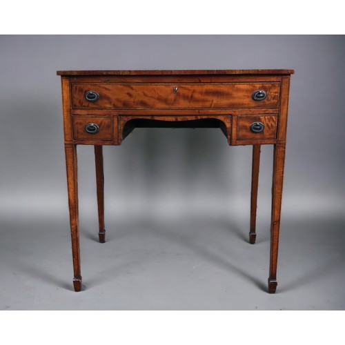 295 - A 19th Century Sheraton Style Flame Mahogany Ladies writing desk. 1 over 2 drawers supported on slen... 