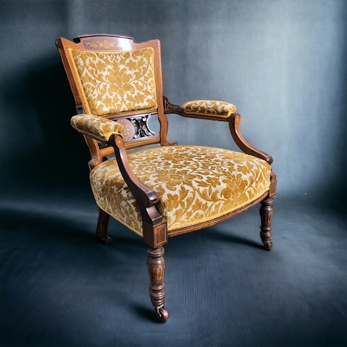 296 - Edwardian inlaid Parlour salon suite..
Including salon sofa, armchair and two chairs. All with crest... 