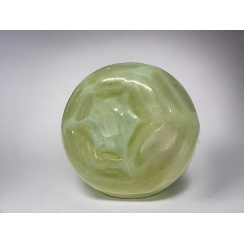 418 - A Victorian Vaseline glass vase. 
Moulded spherical body, vivid opalescent to yellow colourway.
In t... 