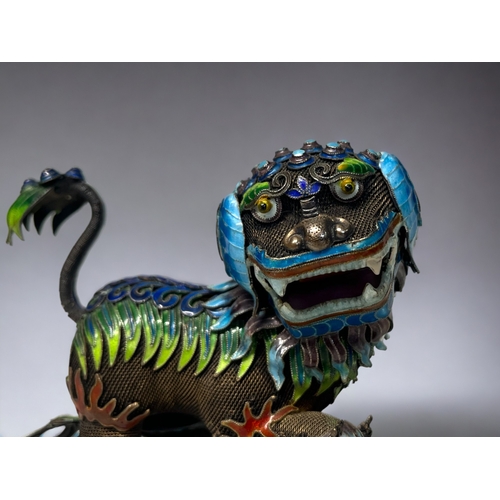 145 - A pair of Chinese silver filigree & enamel 'Guardian Lions'. Early-Mid 20th century. Silver fili... 