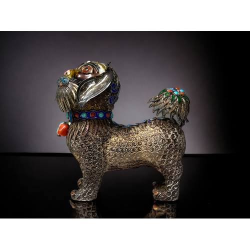 146 - A pair of Chinese silver filigree & enamel 'Guardian Lions'. Early-mid 20th century. Silver fili... 