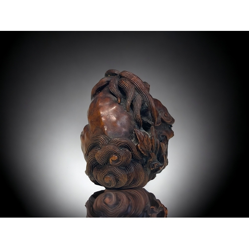 148 - A finely carved wood Shishi Lion & Peony Netsuke / Okimono. Japanese, Edo / Meiji period. Depict... 