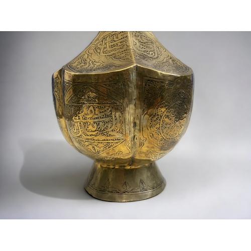 189 - A PERSIAN ARABIC BRASS HEXAGONAL VASE. 
HEIGHT - 33CM