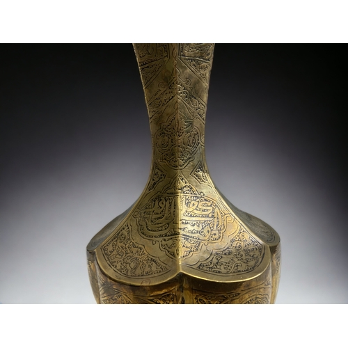 189 - A PERSIAN ARABIC BRASS HEXAGONAL VASE. 
HEIGHT - 33CM