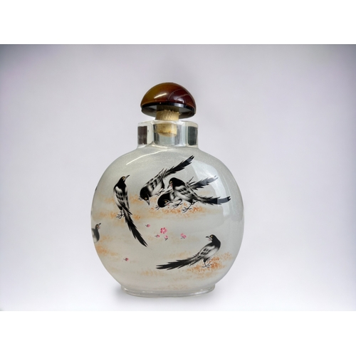 156C - A Chinese inside painted glass snuff bottle. Painted with birds. Signed Sun Jian Guo, with Poem.  Pr... 