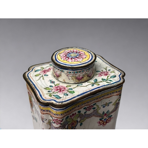 100A - A Chinese Canton enamel tea caddy & cover. Qing dynasty, Qianlong period. Painted stylised desig... 