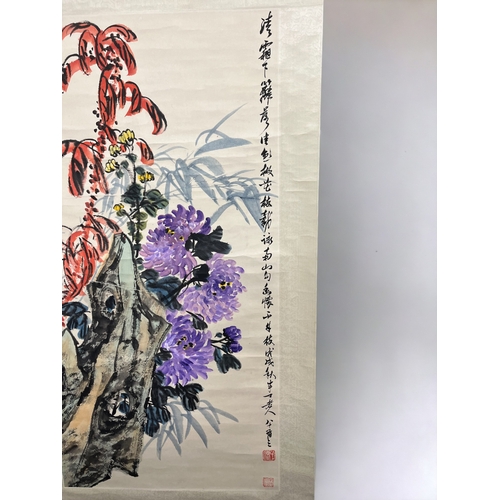 42C - A Chinese school Ink & colour scroll painting. Signed Banding Chen. Depicting foliate blossoms. ... 