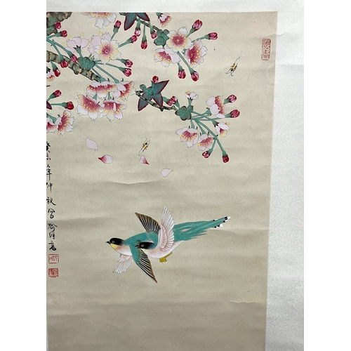 61A - Chinese school watercolour scroll painting. Depicting Starlings and insects in flight with blossomin... 