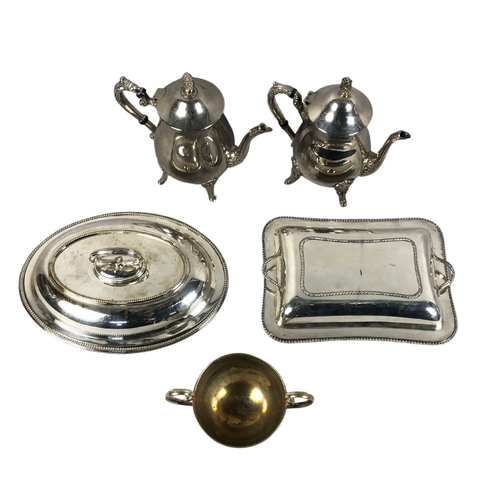 61 - Quantity of Silver Plate Items Including Lidded Serving Dishes and Teapots