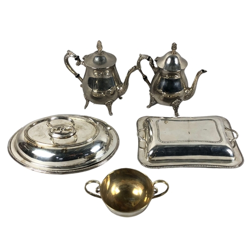 61 - Quantity of Silver Plate Items Including Lidded Serving Dishes and Teapots