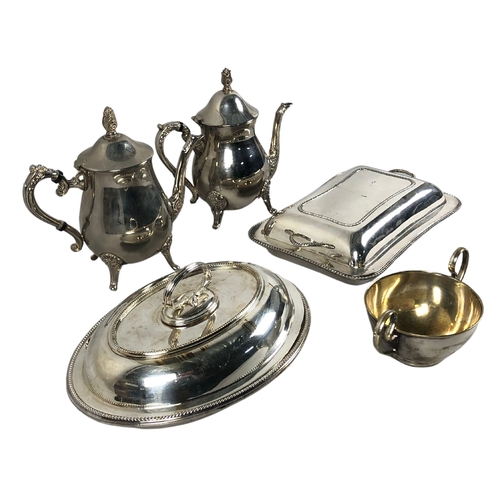 61 - Quantity of Silver Plate Items Including Lidded Serving Dishes and Teapots