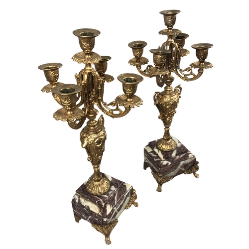 64 - Two Five Branch French Gilt Metal & Marble Base Candelabras