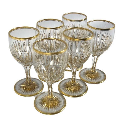 67 - Antique Set of Cut Crystal Dessert Wine Glasses with Gilt Gold Rim & Deco Design.