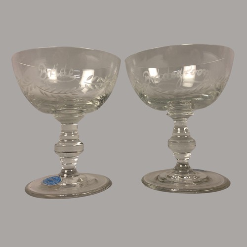 70 - Hand Cut Blackheath Champagne Glasses Etched with 'Bride' & 'Bridegroom'