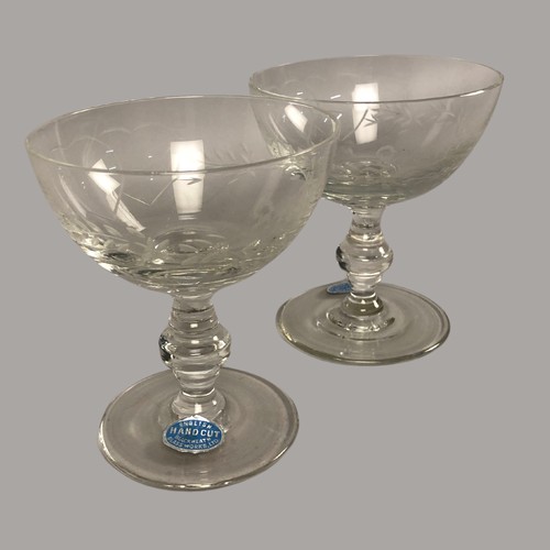 70 - Hand Cut Blackheath Champagne Glasses Etched with 'Bride' & 'Bridegroom'