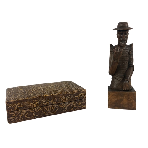 81 - Vintage Cigarette Box of Tooled Leather Covered Wood Made in Spain and a Wooden Figurine of Don Quix... 