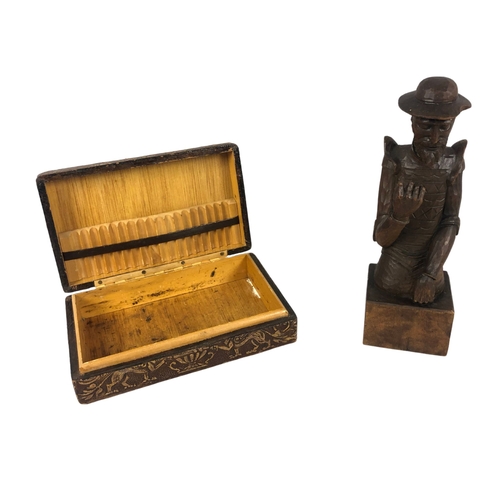 81 - Vintage Cigarette Box of Tooled Leather Covered Wood Made in Spain and a Wooden Figurine of Don Quix... 