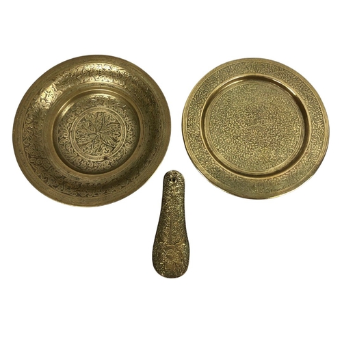 146 - Vintage Indian Small Tray Kashmiri Pattern, Vintage Indian Brass Tazza, Vintage Indian Brass Shoe Ho... 