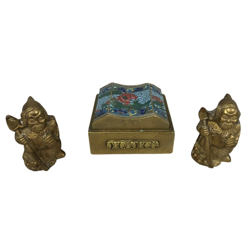 147 - Pair of Chinese Warriors Made in India & Mid Century Chinese Cloisonne Box