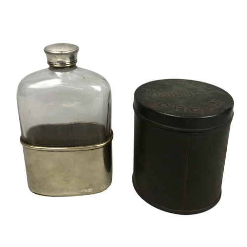153 - Antique Silver Plated Glass Hip Flask & Genuine WW2 Ration Tin Clotted Cream 1/2 lb Net