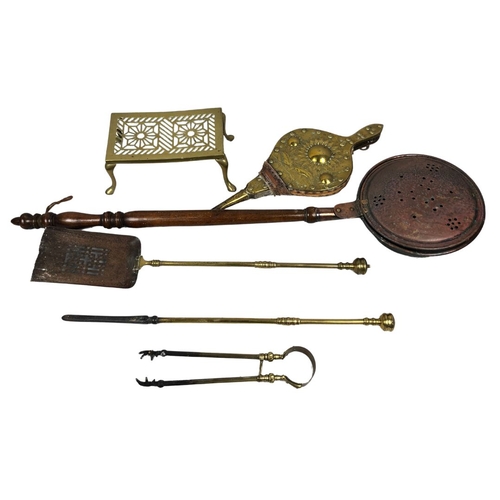 158 - Collection of Vintage Fireside Items including Brass Trivet, Bellows, Bedpan and Fireside Set.