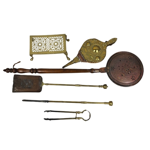 158 - Collection of Vintage Fireside Items including Brass Trivet, Bellows, Bedpan and Fireside Set.