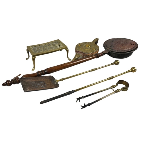 158 - Collection of Vintage Fireside Items including Brass Trivet, Bellows, Bedpan and Fireside Set.