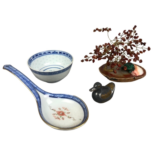 157 - Collection of Items to Include Malachite Frog on Marble with Agate Leaved Silk Bound Tree.