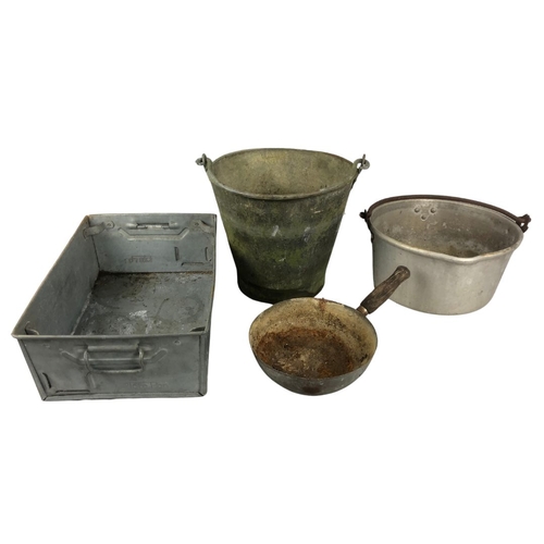 176 - Galvanised Milking Pail, Aluminium Jam Pot, Smaller Pot and Metal Galvanised Tray
