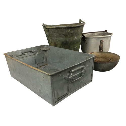 176 - Galvanised Milking Pail, Aluminium Jam Pot, Smaller Pot and Metal Galvanised Tray