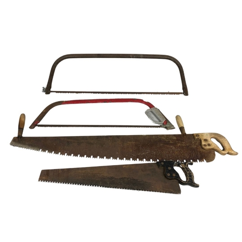 225 - Collection of Vintage Saws - Two Bow Saws, Carpenters Saw & Log Saw.