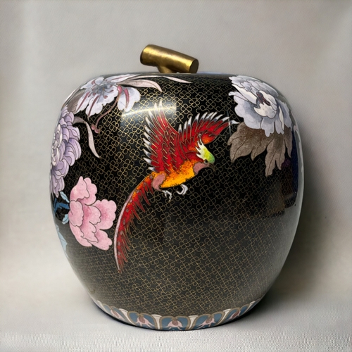 19 - A large Chinese cloisonne lidded jar.Apple shape, with large blossoms and exotic birds.Height - 25cm... 