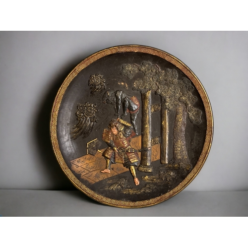 24 - A Japanese hand painted terracotta plaque.Meiji period.Depicting the heroic Samurai 'Watanabe no Tsu... 