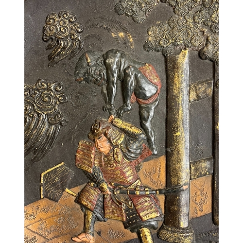 24 - A Japanese hand painted terracotta plaque.Meiji period.Depicting the heroic Samurai 'Watanabe no Tsu... 