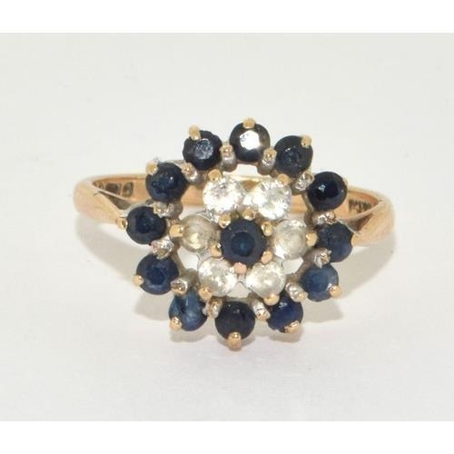 499 - Good 9ct gold ladies sapphire openwork cluster ring size O