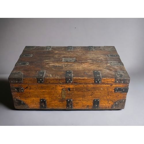 125 - A large metal bound Oak cutlery box.