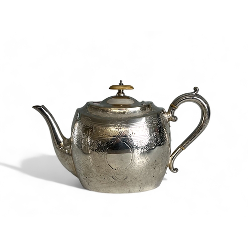 259 - A collection of Victorian silver plate. To include an Atkin brothers engraved teapot, A silver on br... 