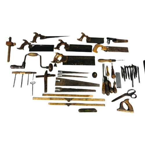 73 - Collection of Vintage Tools - Including Rules, Spirit Level, Pilot Hole Augers, Saw Blades and Handl... 