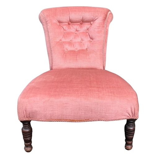 308 - Pink Velvet Upholstered Nursing Chair 72cms high x 57cms wide x 60cms deep.