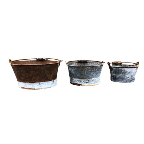 367 - Three Small Galvanised Metal Planters with Wooden Handles ref 77